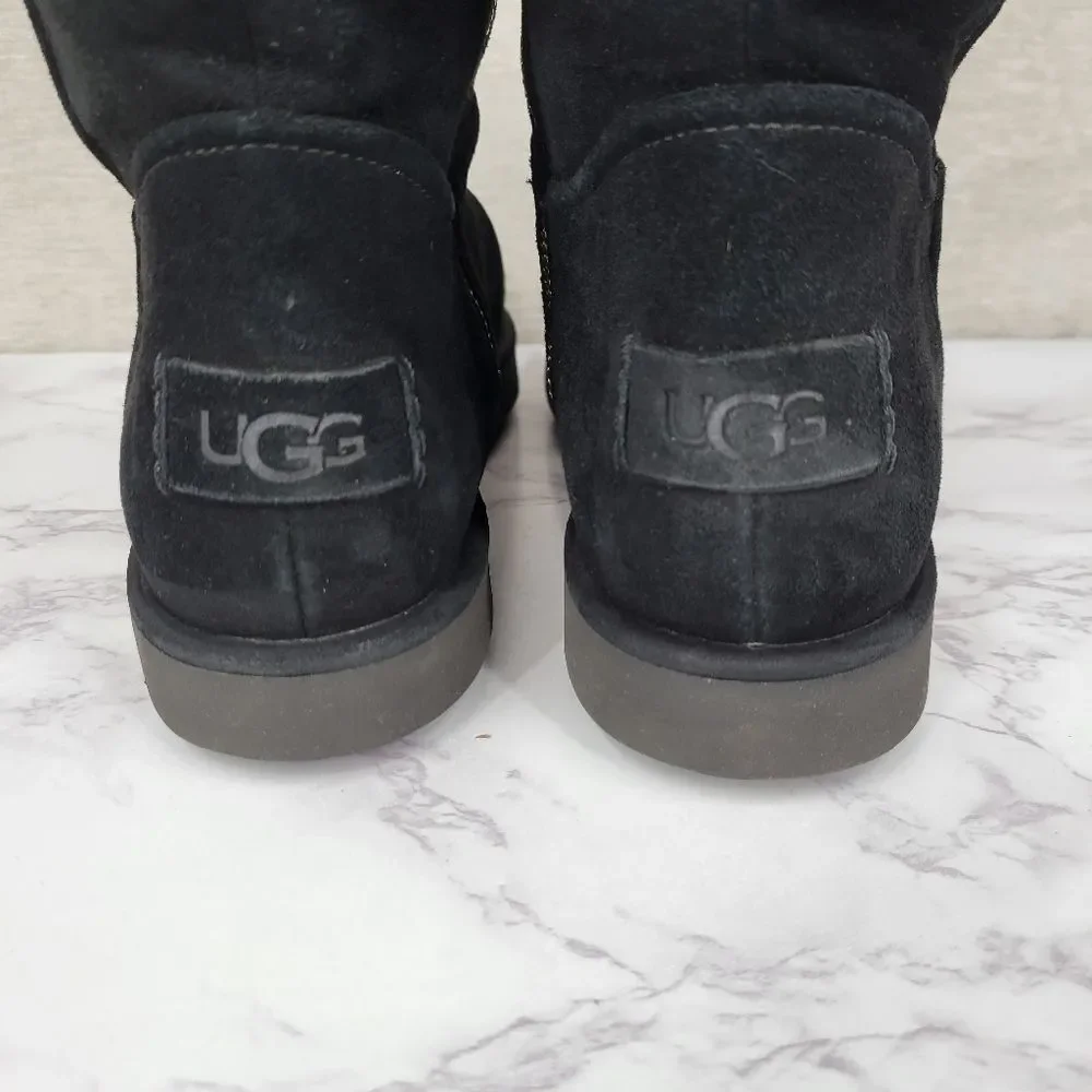 Ugg Black Suede Shearling Sherpa Lined Gold Zipper Women's Boots Size 6